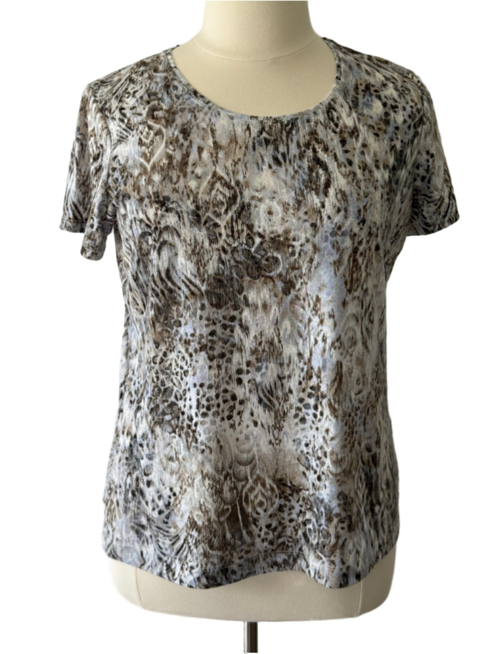 Chico’s Zenergy Short Sleeve Tee, Blue, Brown, Black, Silver Size 16 (Chico’s 3)